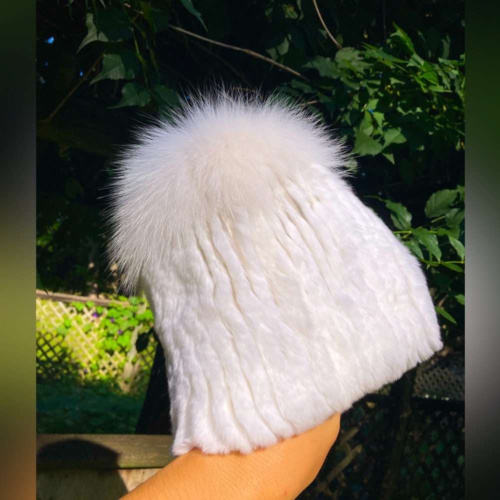 Custom made white snow bunny chinchilla, rabbit, and fox genuine fur winter hat